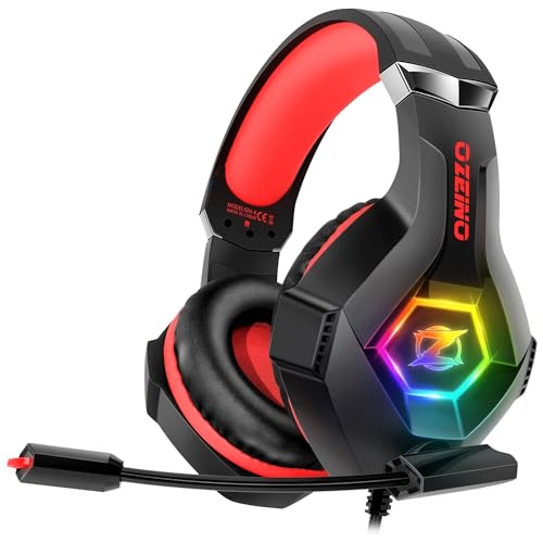 Ozeino [2024 New] Gaming Headset for PC, PS4, PS5, Xbox Headset, Gaming Headphones with Noise Cancelling Flexible Mic Memory Earmuffs RGB Light for Phone, Switch, Mac -Red