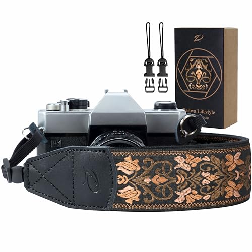 Padwa Lifestyle Camera Strap - 2" Wide Vintage Jacquard Embroidery Flower Camera Straps with Genuine Leather Head,Complimentary 2 Pcs Quick Release Clips for All Cameras and Men & Women Photographers