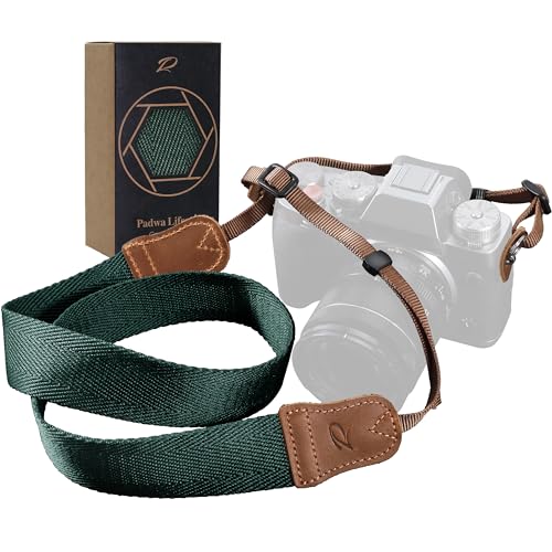 Padwa Lifestyle Dark Green Camera Strap -Double Layer Crazy Horse Cowhide End,1.5"Wide Pure Cotton Woven Camera Straps,Adjustable Neck Shoulder Strap for All DSLR Cameras,Great Gift for Photographers