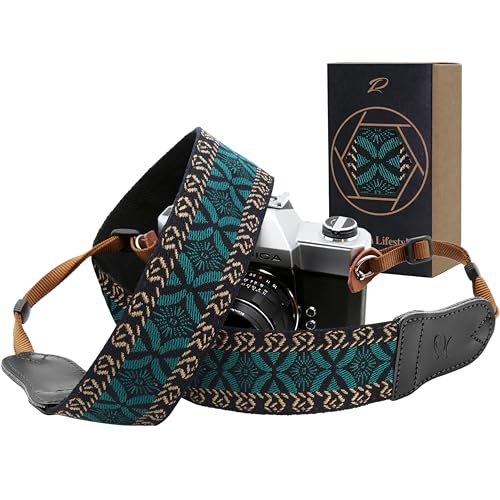 PADWA Mystic Green Embroidered Camera Strap - Double Layer Cowhide Ends,2" Pure Cotton Woven Camera Straps, Adjustable Vintage Neck & Shoulder Strap for All DSLR Cameras,Great Gift for Photographers