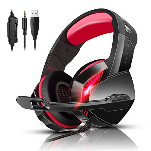 PHOINIKAS PS4 Gaming Headset with 7.1 Surround Sound, PC Headset with Noise Canceling Mic & LED Light, H3 Over Ear Headphones for Nintendo Switch, PS5, Xbox One, Laptop (Red)