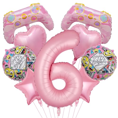 Pink Video Game Balloons, Video Game Controller Birthday Number Mylar Foil Balloon, Level Up Balloons for Girls Game On Birthday Decorations Video Game Gaming Theme Party Supplies (6th)