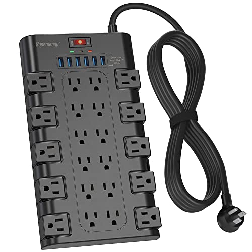 Power Strip Surge Protector, SUPERDANNY 8Ft Long Extension Cord with 6 USB Charging Ports and 22 AC Outlets, 1875W/15A, 2100 Joules, Flat Plug Power Outlet for Home, Office, Dorm, Gaming Room, Black