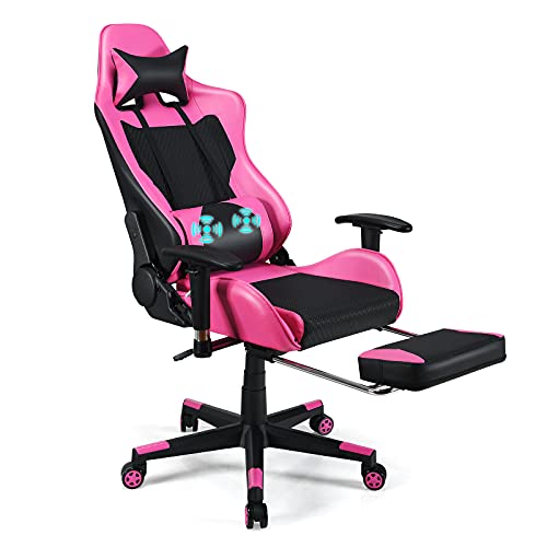 POWERSTONE Gaming Chair - Pink Ergonomic Gaming Chair with Footrest for Women Racing Esports Computer Chair High-Back Massage Leather Recliner Rolling Swivel Chair (Pink)