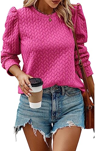 PRETTYGARDEN Fall Clothes For Women 2023 Quilted Long Sleeve Sweatshirt Solid Trending Casual Soft Western Clothing (Rose Red,L)