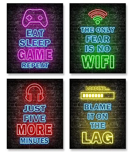 Printed Neon Gaming Posters Set of 4 (8”X 10”), Boys Room Decorations for Bedroom,Video Game Wall Art,Gamer, Teen boy bedroom, game room, No Frames