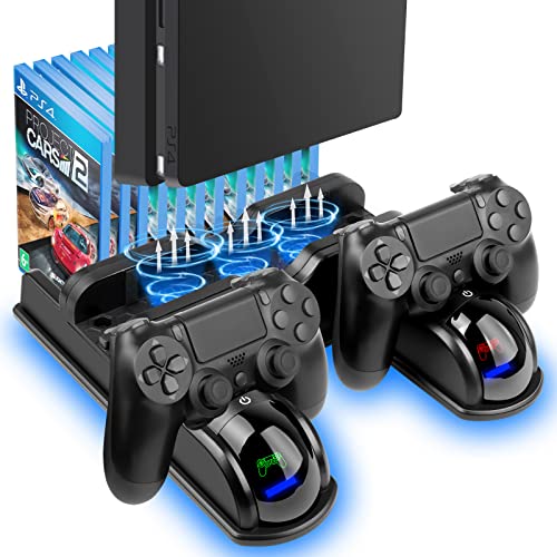 PS4 Stand Cooling Fan Station for Playstation 4/PS4 Slim/PS4 Pro, PS4 Vertical Stand with Dual Controller Port Charger Dock Station, 12 Game Slots, USB Fast Charging Station with LED Indicator