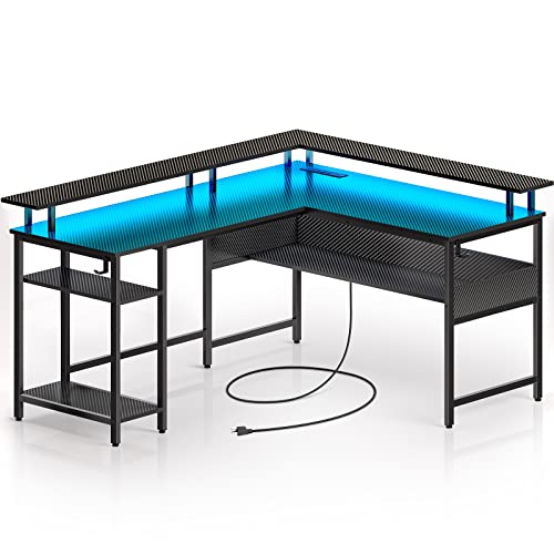 Rolanstar Computer Desk 59'' with LED Lights and Power Outlets, Carbon Fiber Surface,  Reversible L Shaped Gaming Desk with Monitor Stand, Office Desk with Storage, Desk with USB Port and Hook