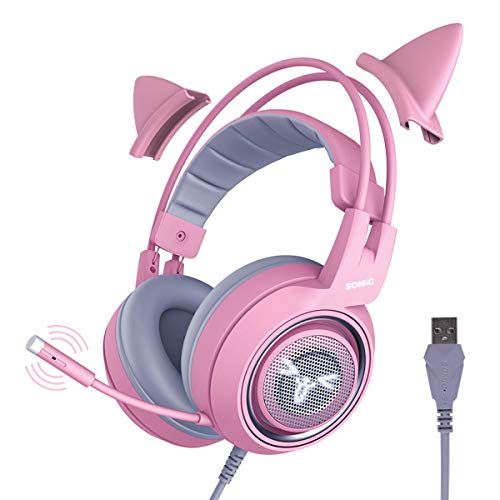 SOMIC G951pink Gaming Headset for PC, PS4, PS5, Laptop, Cat Ear Headphone USB Gaming Headphones with Mic Noise Cancelling, LED Light, 7.1 Virtual Surround Sound for Girls, Women