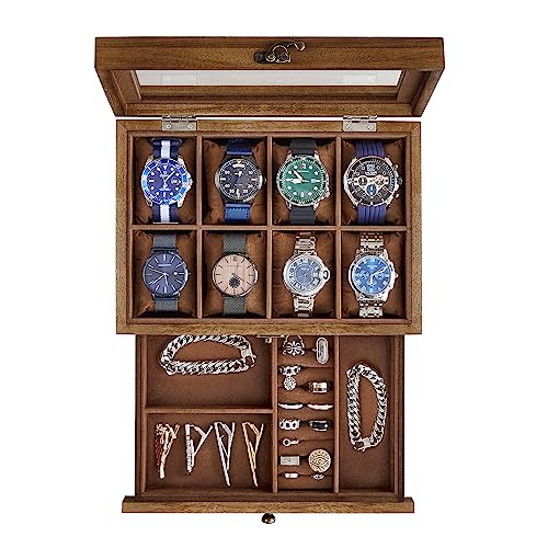 SONGMICS 8-Slot Watch Box, Christmas Gifts, 2-Tier Watch Display Case with Large Glass Lid, Removable Watch Pillows, Velvet Lining, Jewelry Box, Gift Idea, Rustic Walnut UJOW008K01