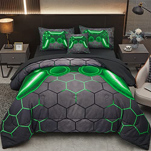 Tasselily Game Console Twin Comforter Set for Boys Girls, Green Honeycomb Gaming 6 Piece Bed in A Bag Teen Kids Bedding Sets with Sheets