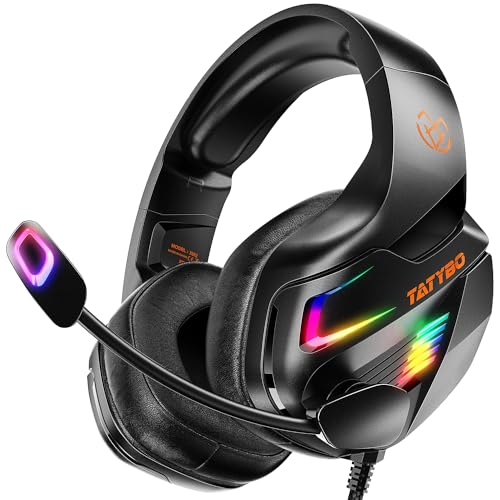 Tatybo Gaming Headset for PC PS5 PS4 XboxOne, Gaming Headphone with 50mm Drivers 3D Surround Sound, Noise-Cancelling Mic, Soft Memory Earmuffs & 4 Modes RGB Light