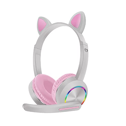 Tookie Wireless Bluetooth Gaming Headphones, Cat Ear Headset with LED Light, Foldable Noise Cancelling Over Ear Gaming Headset with Mic Adjustable for Girls Boys Mobile Laptop (Pink)