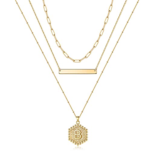 Turandoss Layered Initial Necklaces for Women, 14K Gold Plated Cute Bar Necklace Layering Hexagon Letter Pendant Bead Chain Necklace Gold Layered Necklaces Jewelry Gifts for Women (B)
