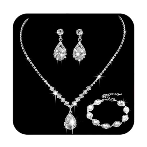 Unicra Bride Crystal Necklace Earrings Bracelet Set Bridal Wedding Jewelry Sets Rhinestone Prom Costume Jewelry Set for Women and Girls (D-3 Pack Silver Necklace Bracelet Earrings)