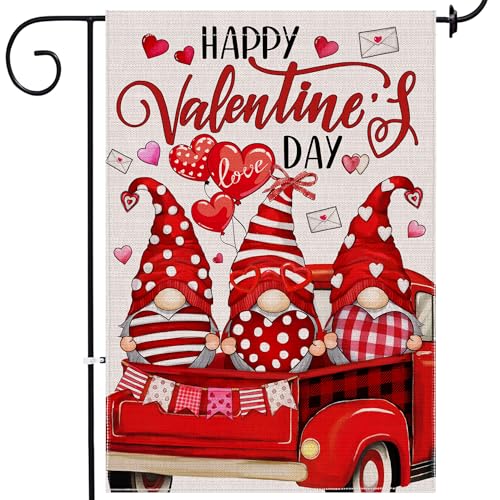 Valentines Day Garden Flag, Valentines Day Decor Gnomes Truck Yard Flag 12x18 Double Sided, Valentine Day Garden Flags Burlap Signs Home Decorations Welcome Love Outdoor Farmhouse Red