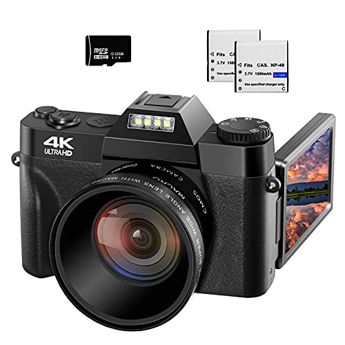 VETEK 4K Digital Cameras for Photography 48MP Vlogging Camera 16X Digital Zoom Manual Focus Rechargeable Students Compact Camera with 52mm Wide-Angle & Macro Lens, 32G TF Card and 2 Batteries