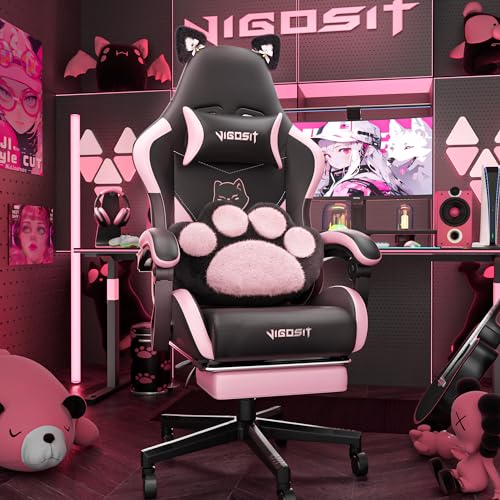 Vigosit Cute Gaming Chair with Cat Paw Lumbar Cushion and Cat Ears, Ergonomic Computer Chair with Footrest, Reclining PC Game Chair for Girl, Teen, Kids, Black Pink