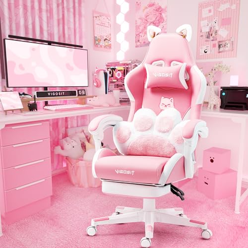 Vigosit Pink Gaming Chair with Cat Paw Lumbar Cushion and Cat Ears, Ergonomic Computer Chair with Footrest, Reclining PC Game Chair for Girl, Teen, Kids