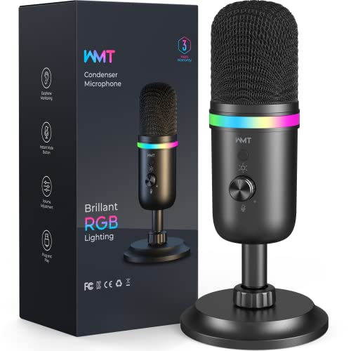 WMT USB Microphone - Condenser Gaming Microphone for PC/MAC/PS4/PS5/Phone- Cardioid Mic with Brilliant RGB Lighting Headphone Output Volume Control, Mute Button, for Streaming Podcast YouTube Discord