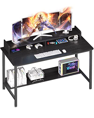 WOODYNLUX Computer Gaming Desk with Shelves, 43 Inch Writing Desk, Study PC Table Workstation with Storage for Home Office, Living Room, Bedroom, Metal Frame