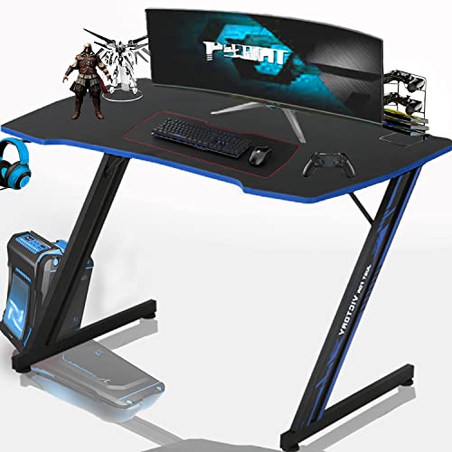 XXkseh 47" Gaming Desk Z Shaped Gaming Computer Desk with Hook Large Gaming Table for Game Work Study, PC Gaming Workstation with Carbon Fiber Surface, Sturdy Durable Metal Frame, Blue