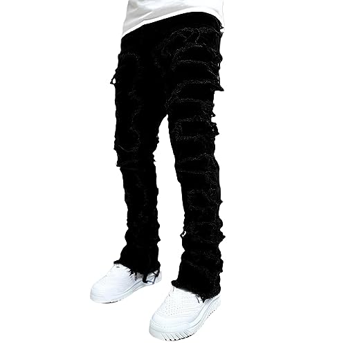 YEOU Mens Stacked Jeans Slim Fit Ripped Skinny Stretch Jeans Distressed Straight Denim Pants Hip Hop Trousers