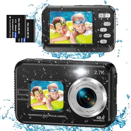 ZNIARAKL Underwater Cameras, 4K Waterproof Digital Camera 48 MP Autofocus Function Selfie Dual Screens with 16X Digital Zoom Compact Portable 11FT Underwater Camera for Snorkeling, 2 Battery(Black)
