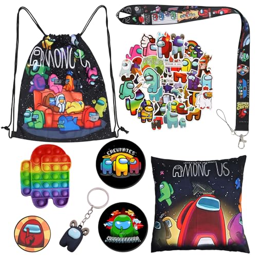 ANLNANGJP Among Us Gift Sets,Drawing Bag Backpack/Pillow case/Stickers/Keychain/Button Pins/Push pop Bubble Fidget /Phone Holder/Lanyard
