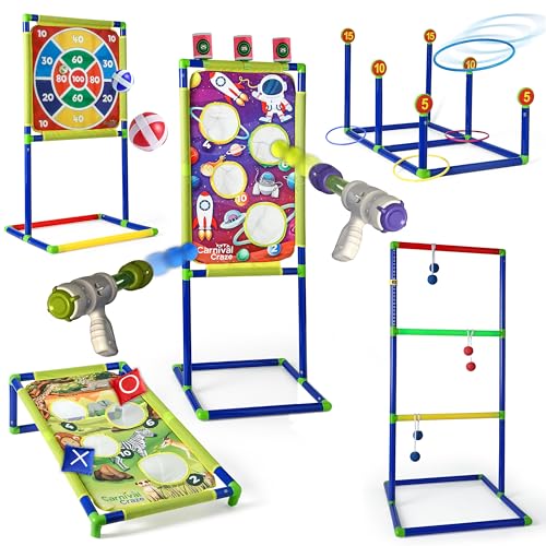 Carnival Games for Kids - Yard Games Include: Ring Toss, Beanbag, Ball Shooting Target Game, Ladder Toss, Darts Board, Tic Tac Toe, Birthday Party Activities, Portable Backyard Outdoor Games for Kids