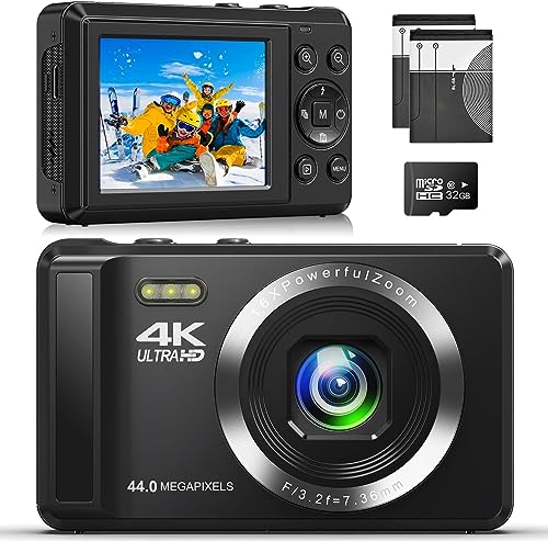 Digital Camera 4K 44MP Compact Camera with 16X Digital Zoom, Auto-Focus Kids Point and Shoot Digital Camera with 32GB SD Card, Portable Camera for Teens Kids Boys Girls
