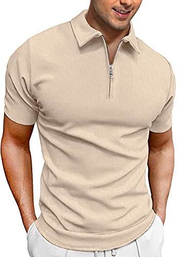 NUOKESASI Men's Fashion Polo Shirts Casual Short Sleeve Golf Shirts Waffle Knit Quarter Zip Tshirt Khaki-Medium