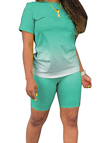 PINLI Tie Dye Women's 2 Piece Shorts Sets Casual Gradient Solid Color Classic Fashion Sportswear Emerald Green M