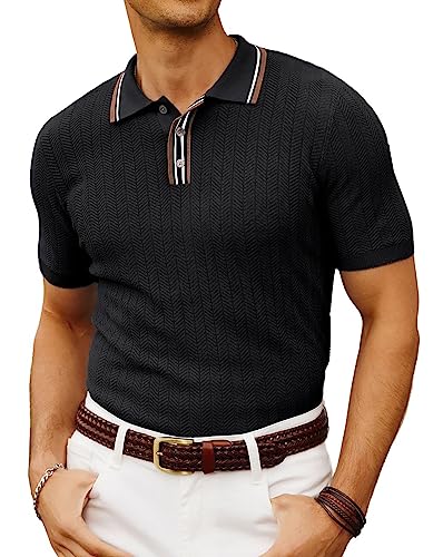 PJ PAUL JONES Black Polo Shirts for Men Fashion Ribbed Textured Lapel Collared Golf Polo T Shirts Slim Fit for Dating Men L