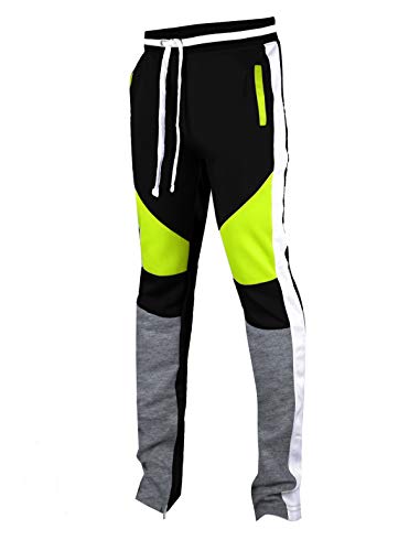 SCREENSHOT Mens Streetwear Premium Slim Fit Fashion Track Pants - Athletic Sportswear Jogger Bottoms with Ankle Zipper (Large, P41901-Black/Neon)