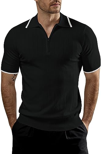 VATPAVE Mens Zipper Knit Polo Shirt Classic Casual Short Sleeve Polo T Shirt X-Large Black Stripe Polo